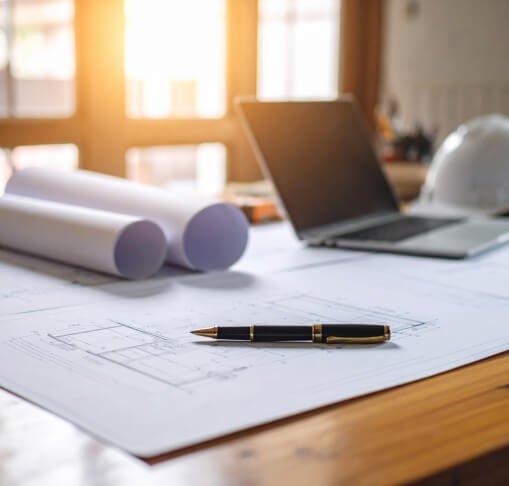 sobre un escritorio, una notebook, planos de obra extendidos y enrollados, y una lapicera